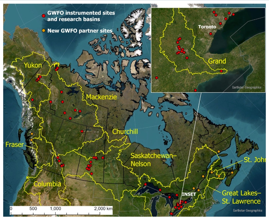 The geographical scope of GWFO covers most of the major river basins in Canada with exemplary observation sites that provide key insights on water cycling and quality.